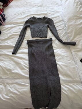 Zara Metallic Gray Two-Piece Knit Skirt Set